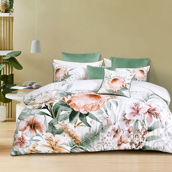 Bianca Sariya Floral Cotton Sateen Quilt Doona Duvet Cover White Queen