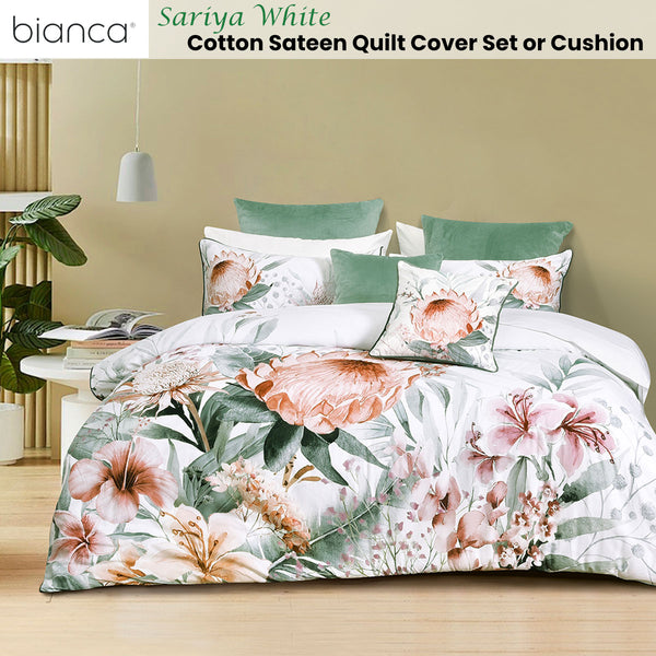 Bianca Sariya Floral Cotton Sateen Quilt Doona Duvet Cover White Queen