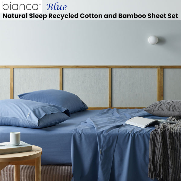 Bianca Natural Sleep Recycled Cotton Bamboo Flat Fitted Sheet Set Blue Single