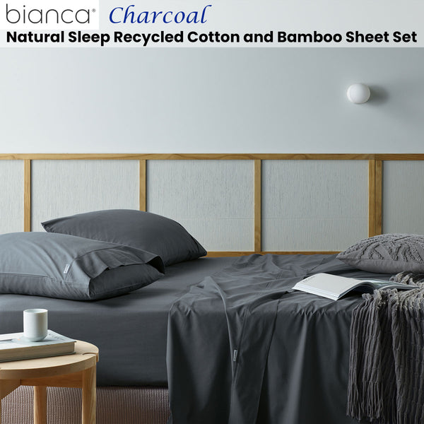 Bianca Natural Sleep Recycled Cotton Bamboo Flat Fitted Sheet Set Charcoal Super King