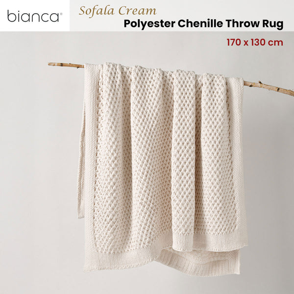 Bianca Sofala Polyester Chenille Throw Rug Blanket 130 x 170cm Cream