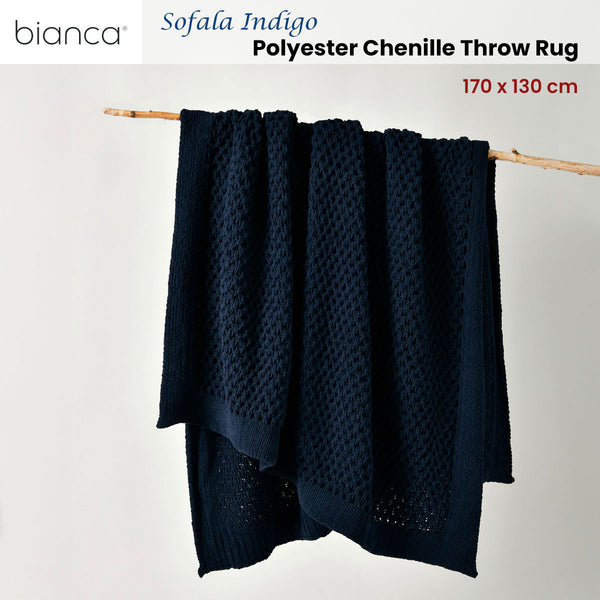 Bianca Sofala Polyester Chenille Throw Rug Blanket 130 x 170cm Indigo