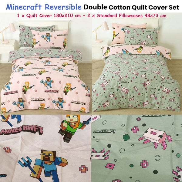 Mojang Minecraft Reversible Cotton Boys Girls Quilt Doona Duvet Cover Set Double