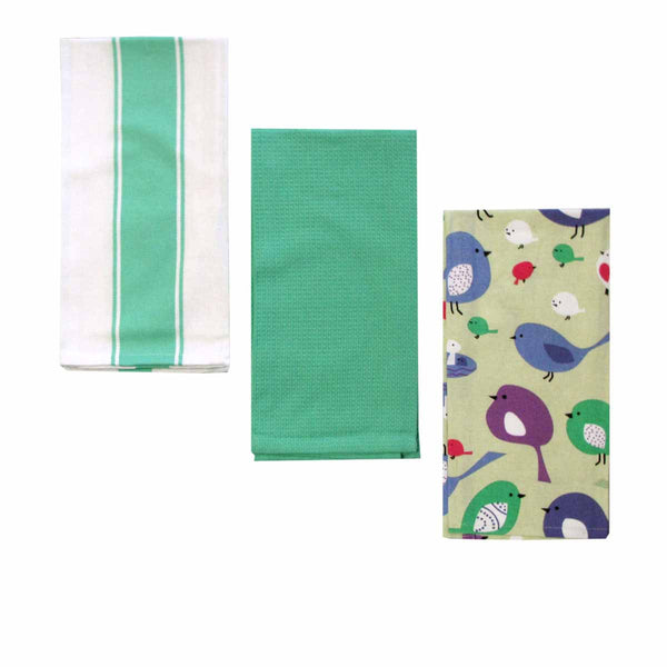 Home Oasis Set of 3 Cotton Rich Tea Kitchen Towels 50 x 70cm Birdie Mint Green