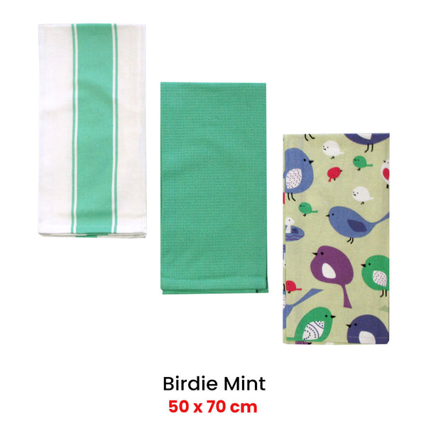 Home Oasis Set of 3 Cotton Rich Tea Kitchen Towels 50 x 70cm Birdie Mint Green