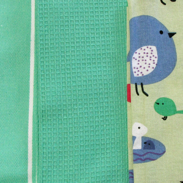 Home Oasis Set of 3 Cotton Rich Tea Kitchen Towels 50 x 70cm Birdie Mint Green