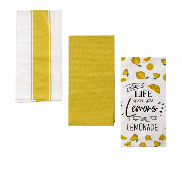 Home Oasis Set of 3 Cotton Rich Tea Kitchen Towels 50 x 70cm Lemons Yellow