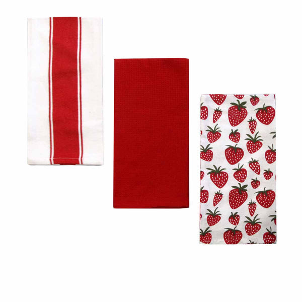 Home Oasis Set of 3 Cotton Rich Tea Kitchen Towels 50 x 70cm Strawberry Red