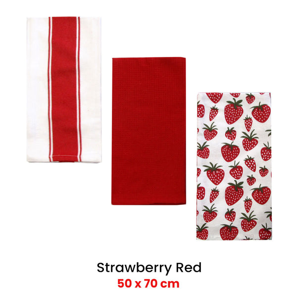 Home Oasis Set of 3 Cotton Rich Tea Kitchen Towels 50 x 70cm Strawberry Red