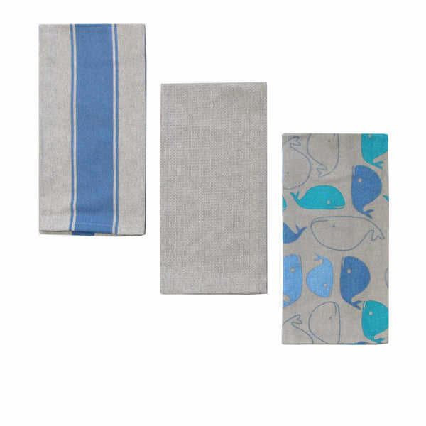 Home Oasis Set of 3 Cotton Rich Tea Kitchen Towels 50 x 70cm Whale Grey
