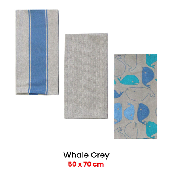 Home Oasis Set of 3 Cotton Rich Tea Kitchen Towels 50 x 70cm Whale Grey