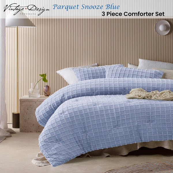 Vintage Design Homewares Parquet Snooze Blue Comforter Bedspread Set Queen