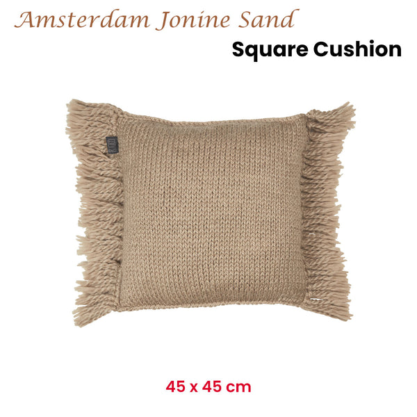 KAAT Amsterdam Jonine Knitted Fringed Sand Square Filled Cushion 45cm