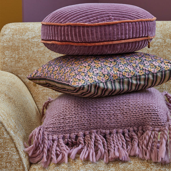 KAAT Amsterdam Liya Floral Striped Pink Lilac Velvet Square Filled Cushion 43cm