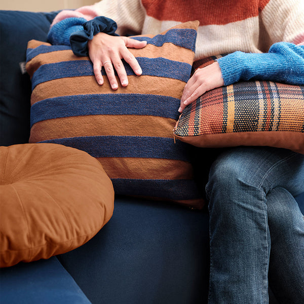 KAAT Amsterdam Nissa Striped Blue Brown Square Filled Cushion 45cm
