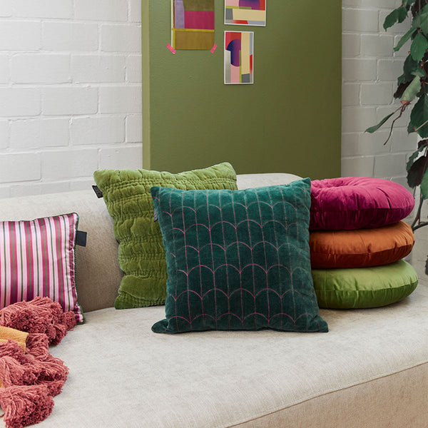 KAAT Amsterdam Saga Solid Arcs Velvet Green Square Filled Cushion 43cm