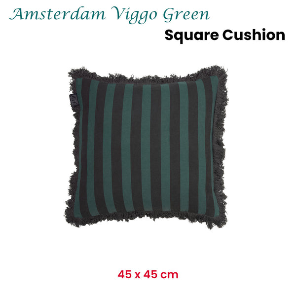 KAAT Amsterdam Viggo Green Grey Striped Fringe Square Filled Cushion 45cm