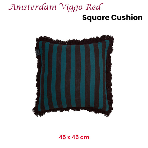 KAAT Amsterdam Viggo Red Green Striped Fringe Square Filled Cushion 45cm