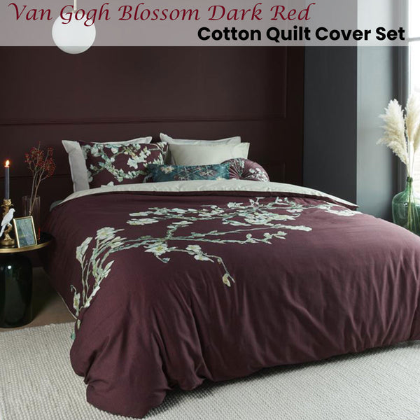 Bedding House Van Gogh Blossom Dark Red Cotton Sateen Quilt Cover Queen