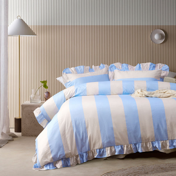 Vintage Design Homewares Ruffle Striped Quilt Doona Duvet Cover Blue Queen
