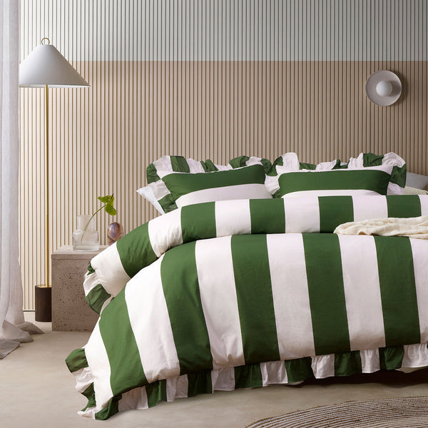 Vintage Design Homewares Ruffle Striped Quilt Doona Duvet Cover Green Queen