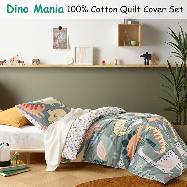 Happy Kids Dino Mania Dinosaur Cotton Quilt Doona Duvet Cover Green Double