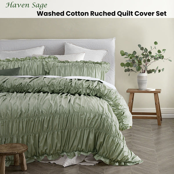 Vintage Design Homewares Haven Cotton Ruched Quilt Doona Duvet Sage King