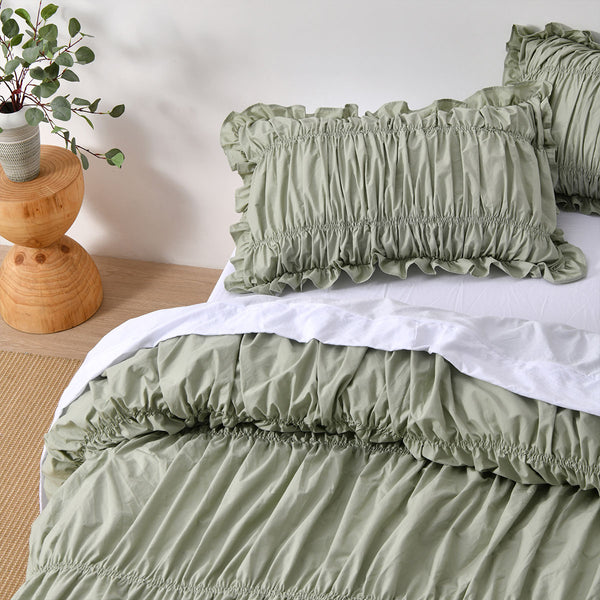 Vintage Design Homewares Haven Cotton Ruched Quilt Doona Duvet Sage King