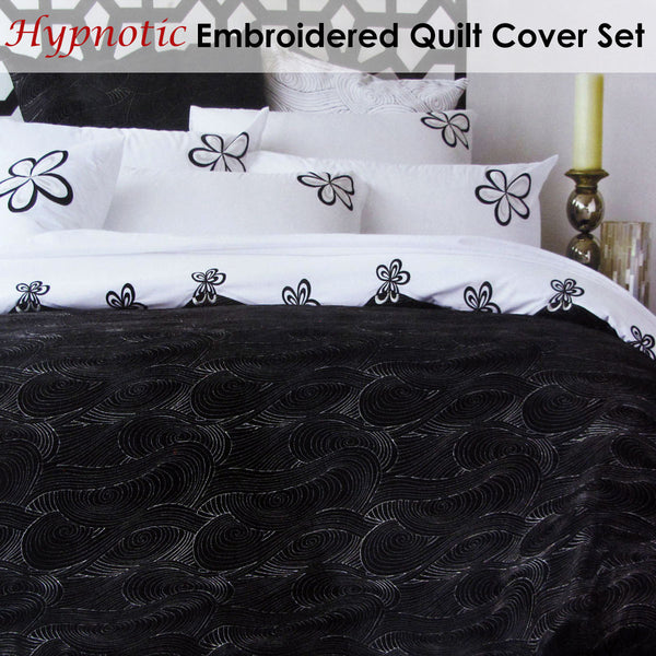 Accessorize Hypnotic Embroidered Quilt Doona Duvet Cover Black White Queen
