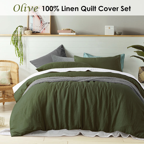 Vintage Design Homewares Linen Quilt Doona Duvet Cover Set Olive Single