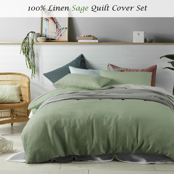 Accessorize Linen Solid Colour Quilt Doona Duvet Cover Set Sage King