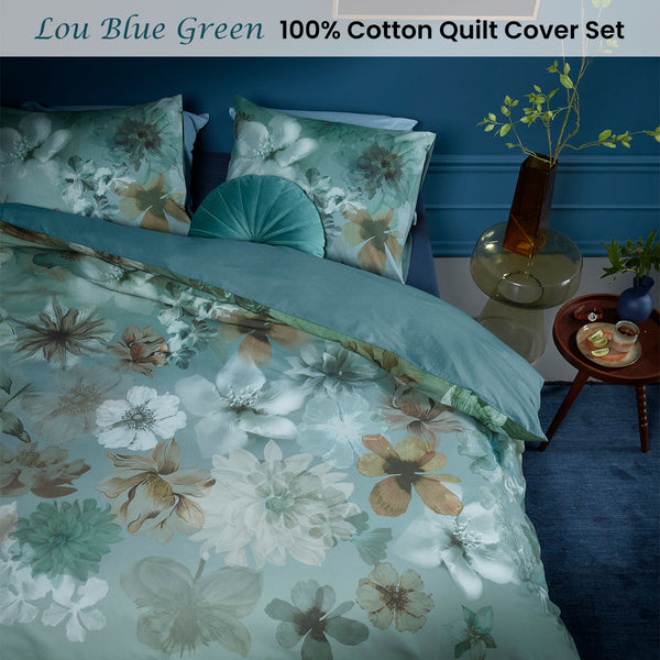 Bedding House Lou Floral Cotton Quilt Doona Duvet Cover Blue Green Queen