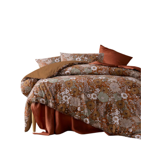 Accessorize Rainbow Garden Washed Cotton Quilt Doona Duvet Cover Brown Queen