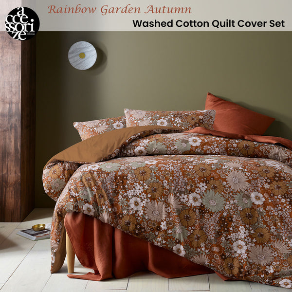 Accessorize Rainbow Garden Washed Cotton Quilt Doona Duvet Cover Brown Queen