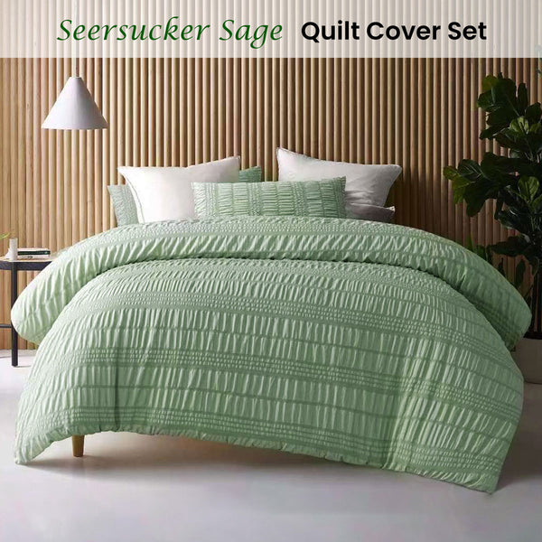 Accessorize Seersucker Polyester Quilt Doona Duvet Cover Sage Queen