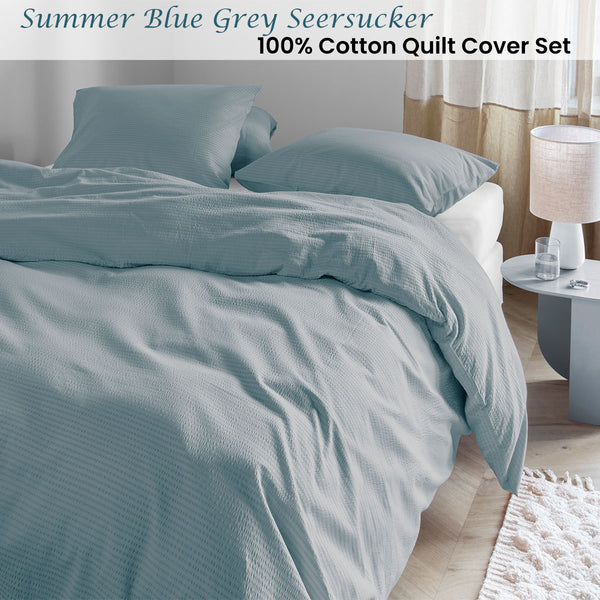 Bedding House Summer Seersucker Quilt Doona Duvet Cover Blue Grey Queen