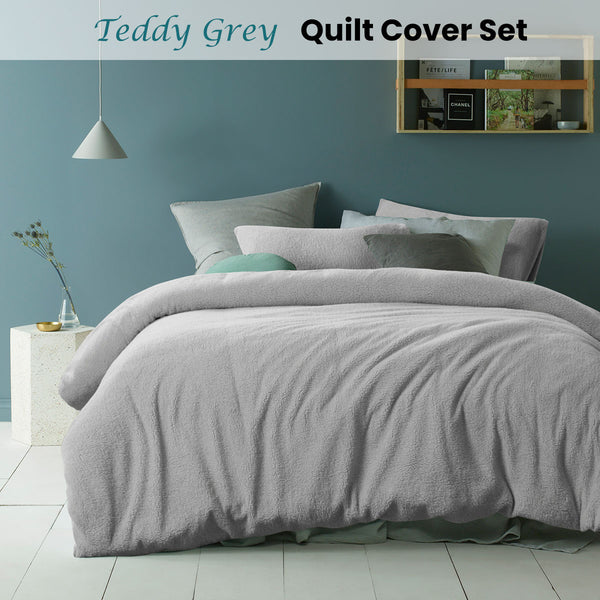 Accessorize Teddy Fleece Solid Colour Quilt Doona Duvet Cover Queen Grey