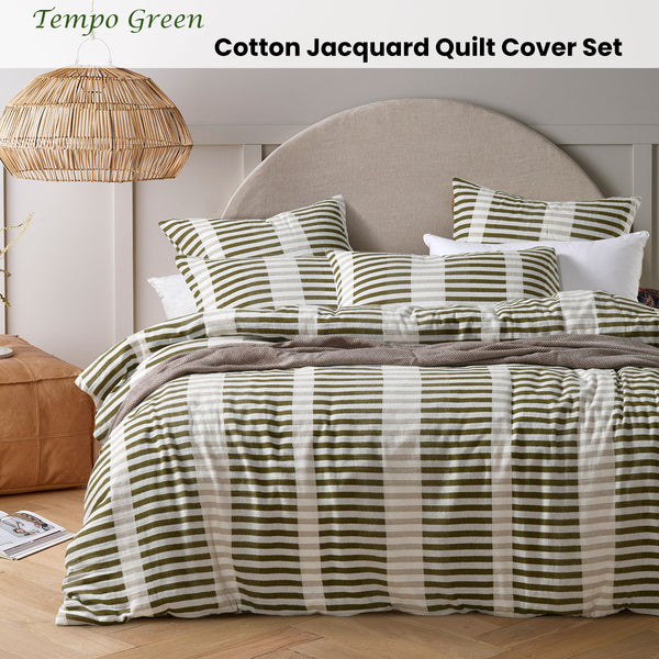 Vintage Design Homewares Tempo Stripe Jacquard Quilt Doona Duvet Green Queen