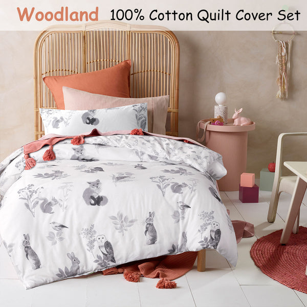 Happy Kids Woodland Animals Cotton Quilt Doona Duvet Cover White Single