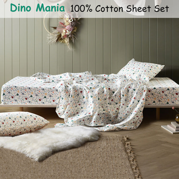 Happy Kids Dino Mania Dinosaur Cotton Flat Fitted Sheet Set Green King Single