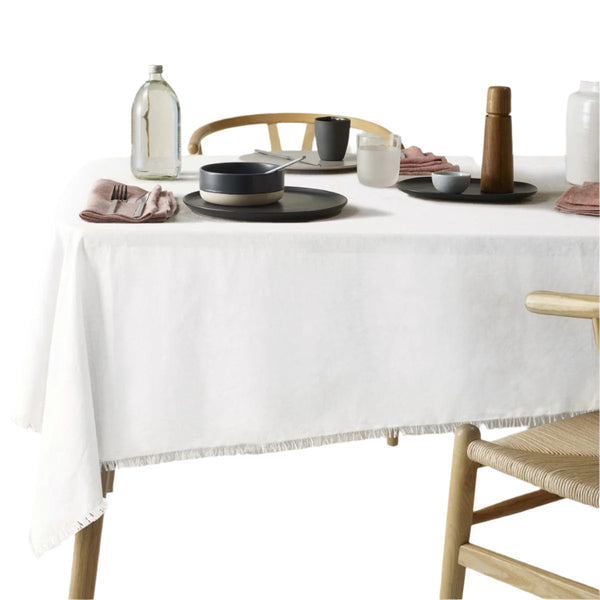 Vintage Design Homewares Gypsy White Fringed Linen Cotton Tablecloth 130 x 180cm