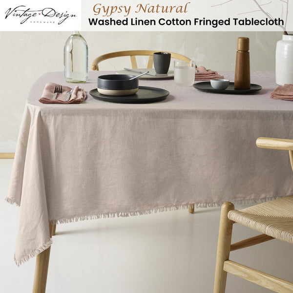 Vintage Design Homewares Gypsy Natural Fringed Linen Cotton Tablecloth 150 x 230cm
