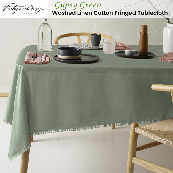 Vintage Design Homewares Gypsy Green Fringed Linen Cotton Tablecloth 150 x 300cm