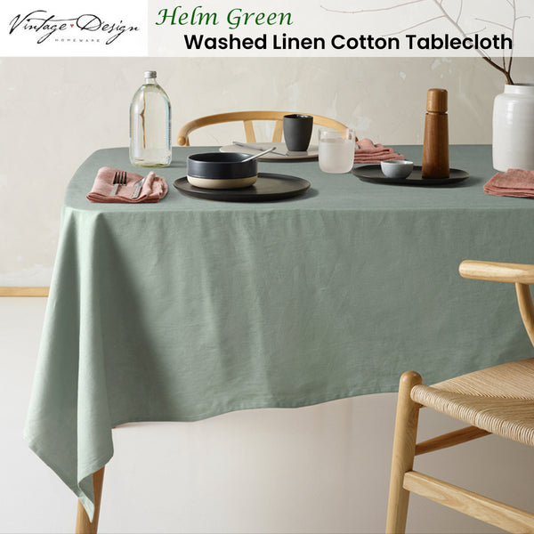 Vintage Design Homewares Helm Green Washed Linen Cotton Tablecloth 150 x 275cm