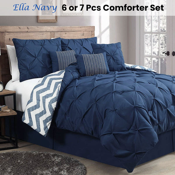 J Elliot Home 6 Pce Ella Pleated Bedspread Comforter Coverlet Navy Single