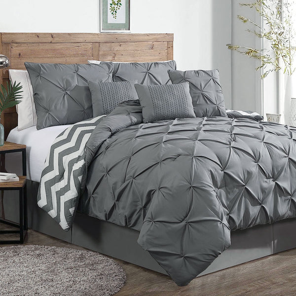 J Elliot Home 7 Pce Ella Pleated Bedspread Comforter Coverlet Grey King