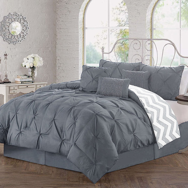J Elliot Home 7 Pce Ella Pleated Bedspread Comforter Coverlet Grey King