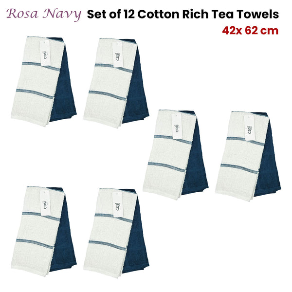 Set of 12 Rosa Navy Cotton Rich Terry Tea Towels 42 x 62cm