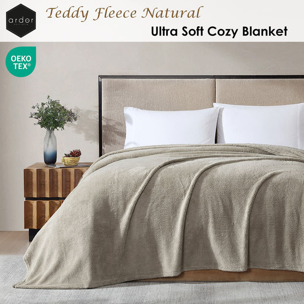 Ardor 260gsm Ultra Soft Teddy Fleece Blanket Throw Rug Queen Natural