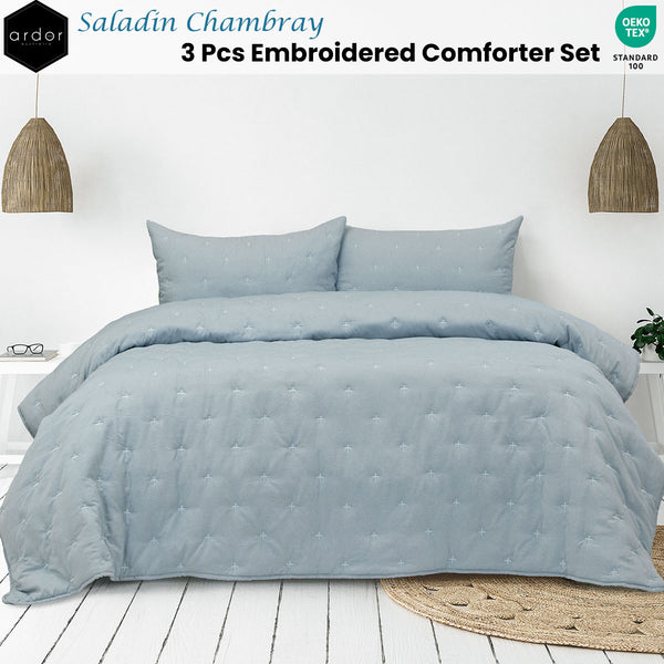 Ardor Saladin Chambray 3 Pcs Embroidered Bedspread Quilt Comforter Set Queen / King